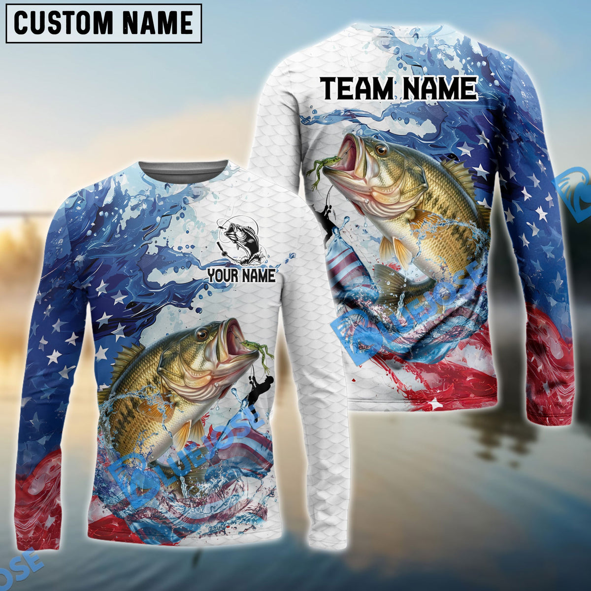 Bluejose Bass Fishing Patriotic American Flag Wave White Skin Custom Name &amp; Team Name 3D Shirts