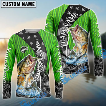 Bluejose Bass Fishing American Flag Green Stars Custom Name & Team Name 3D Shirts