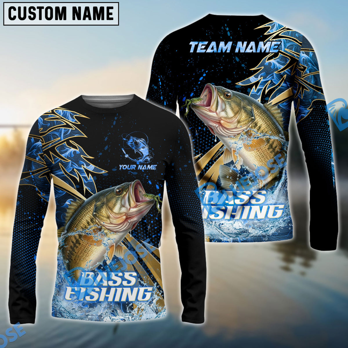 Bluejose Bass Fishing Hooked Jump Splash Custom Name &amp; Team Name 3D Shirts