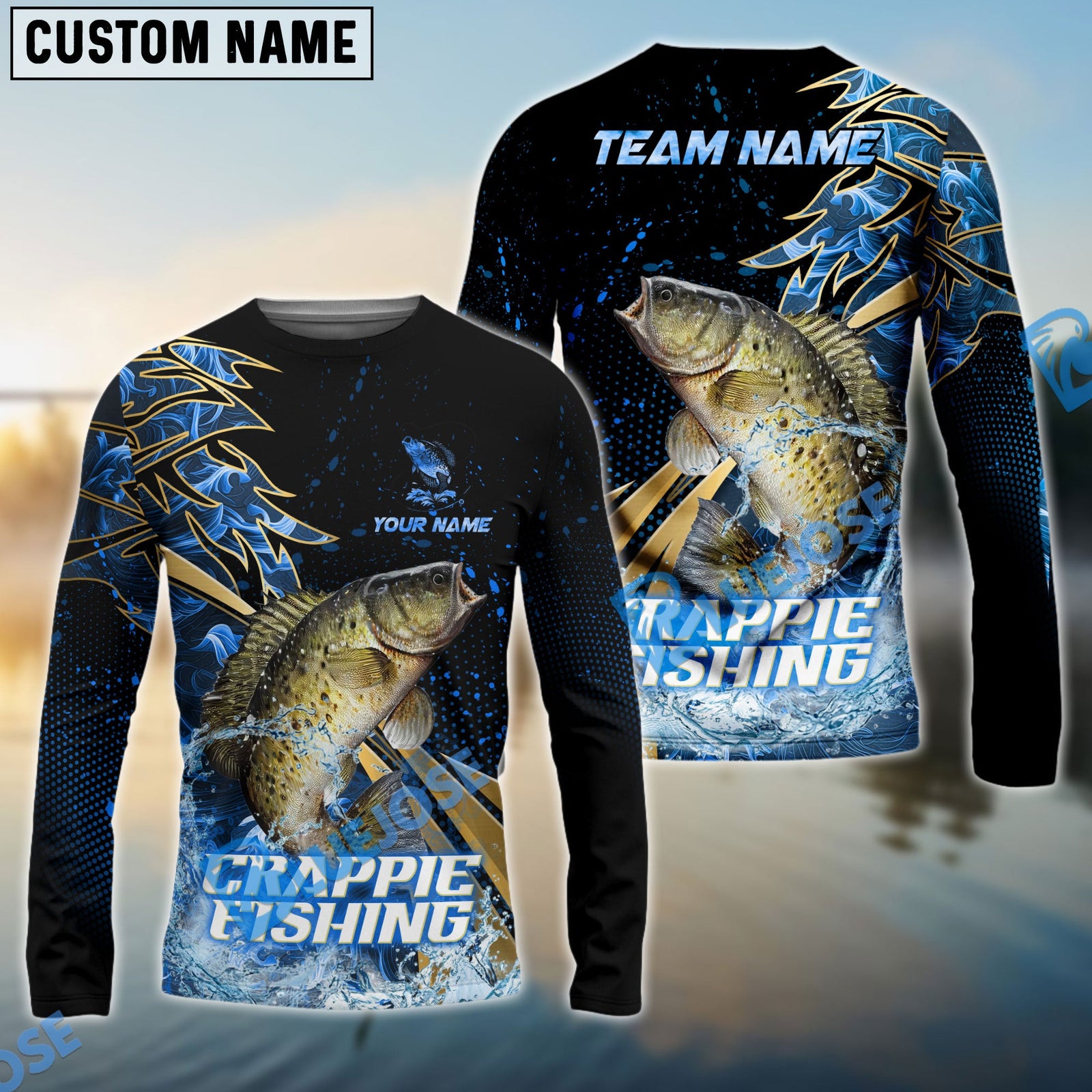 Bluejose Crappie Fishing Hooked Jump Splash Custom Name & Team Name 3D Shirts