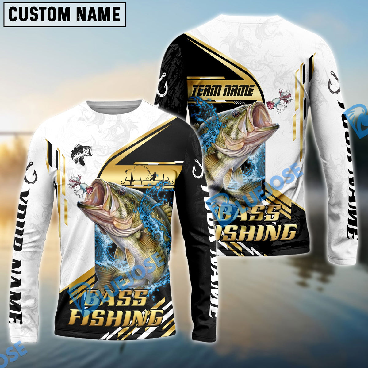 Bluejose Bass Fishing Hook Graphic &amp; Jumping Fish Art Custom Name &amp; Team Name 3D Shirts