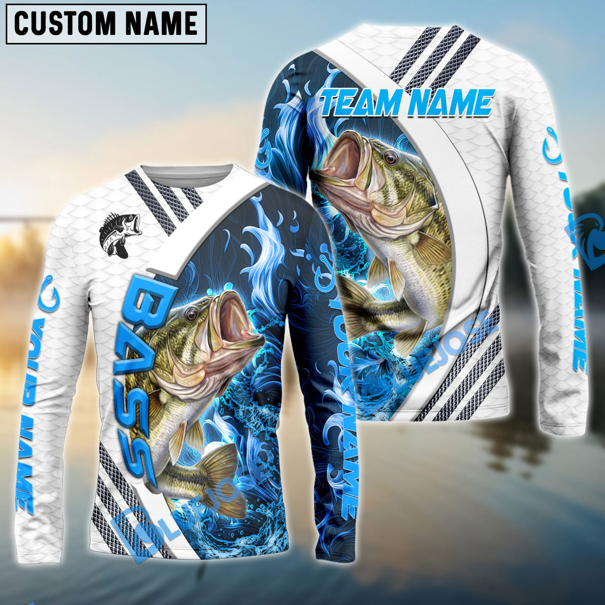 Bluejose Bass Fishing White Blue Lava Sport Custom Name &amp; Team Name 3D Shirts