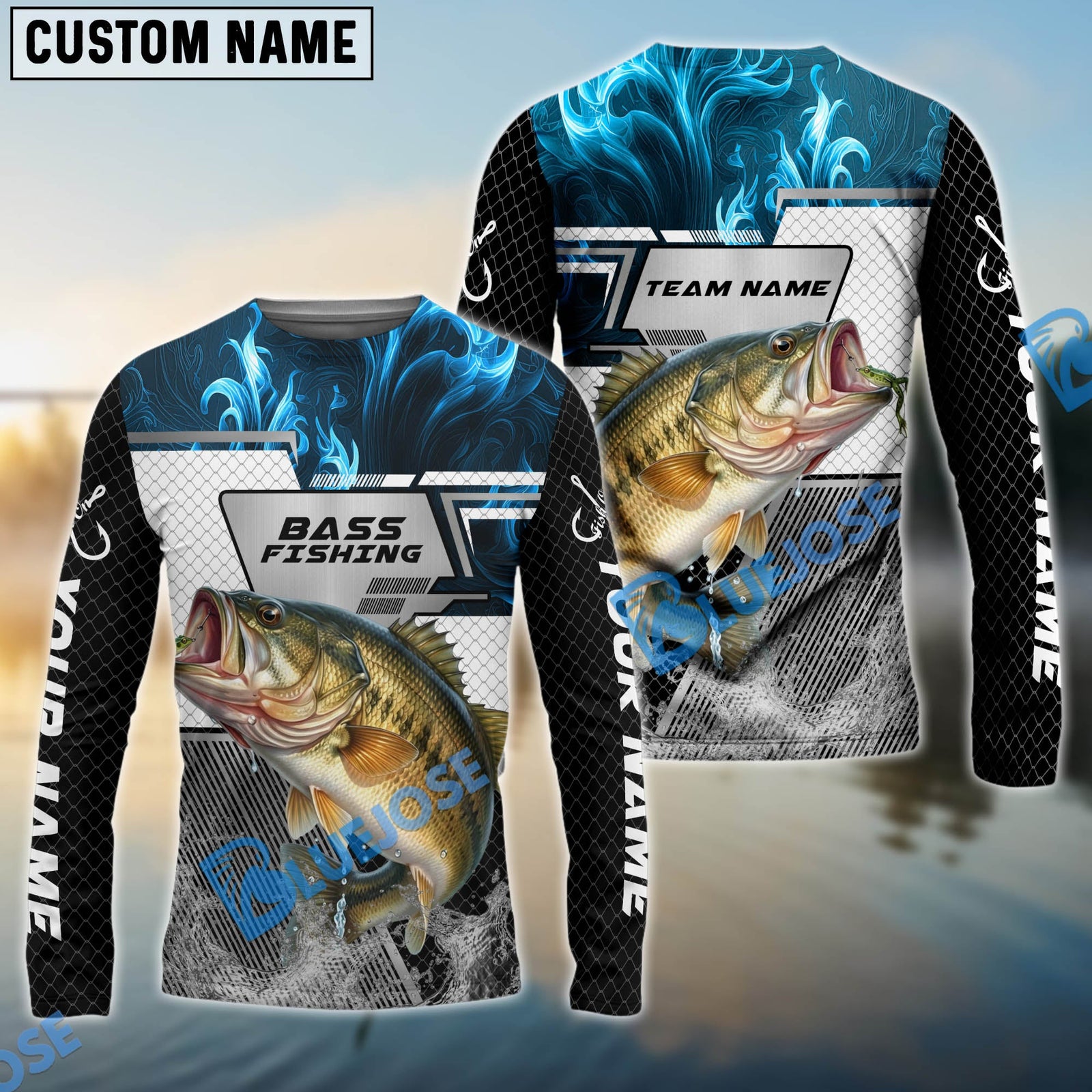 BlueJose Bass Fishing Blue Flame Smoke Grid Pattern  Custom Name & Team Name Shirts
