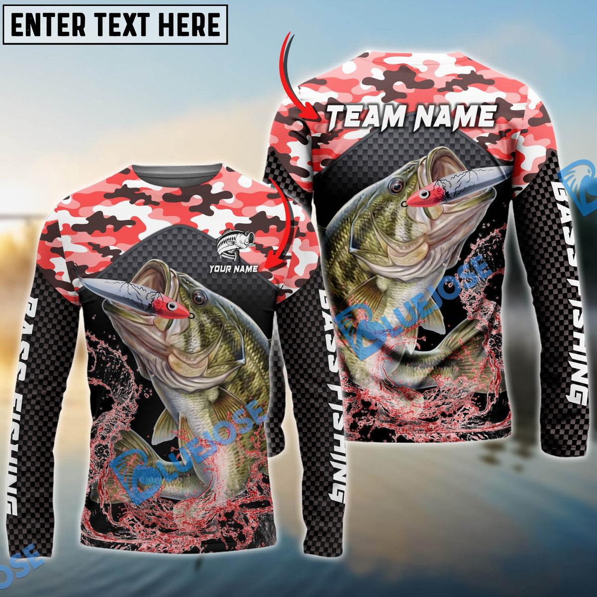 Bluejose Bass Fishing Red Camo Sport Custom Name &amp; Team Name 3D Shirts