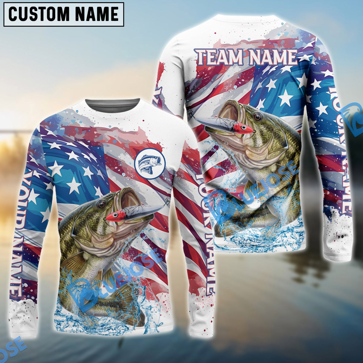 Bluejose Bass Fishing Watercolor USA Flag Custom Name &amp; Team Name Shirts