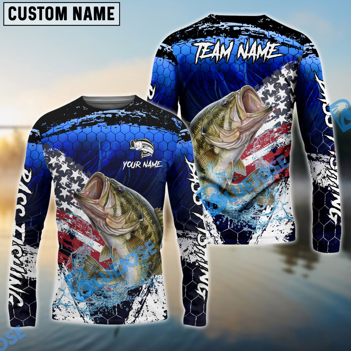 Bluejose Bass Fishing Dark Blue Scratch American Flag scratch Sport Custom Name &amp; Team Name 3D Shirts