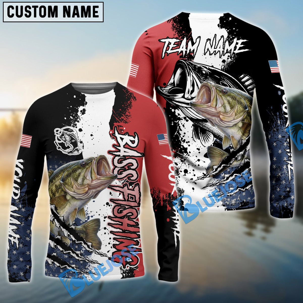 Bluejose Bass Fishing Paint Scratch American Flag scratch Sport Custom Name &amp; Team Name 3D Shirts