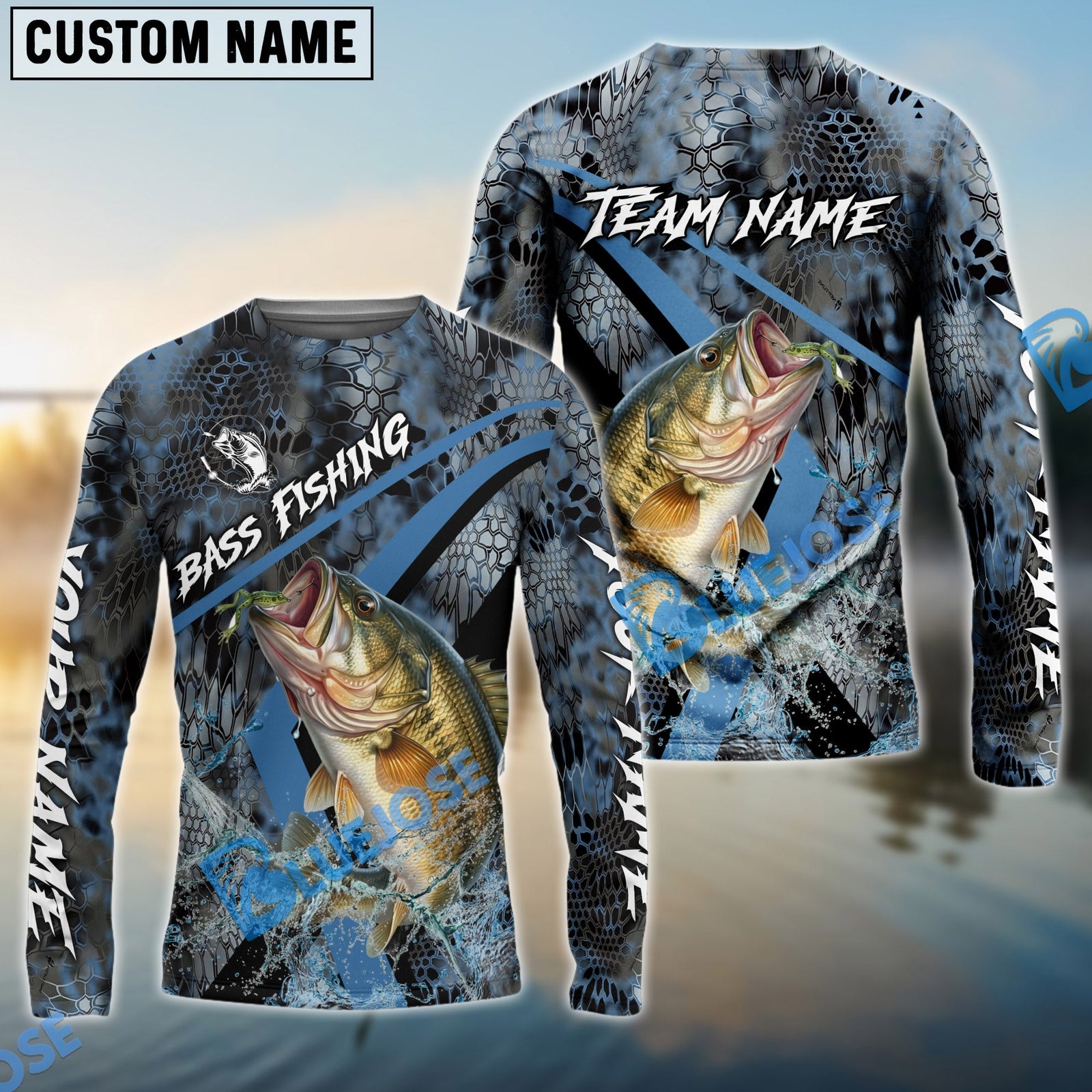 Bluejose Bass Fishing Dark Skin Sport Custom Name & Team Name 3D Shirts