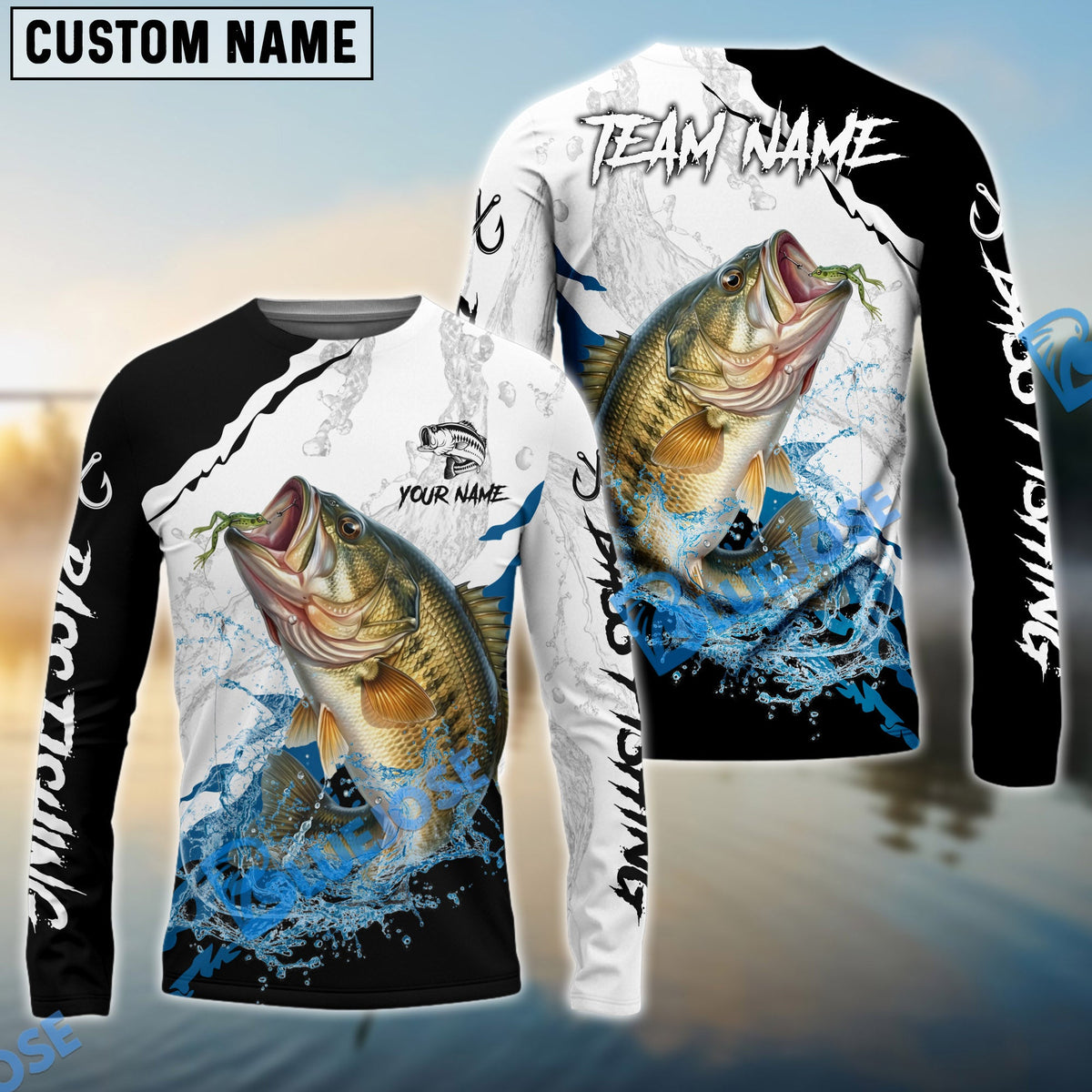 Bluejose Bass Fishing Black White Water Flow Custom Name &amp; Team Name 3D Shirts