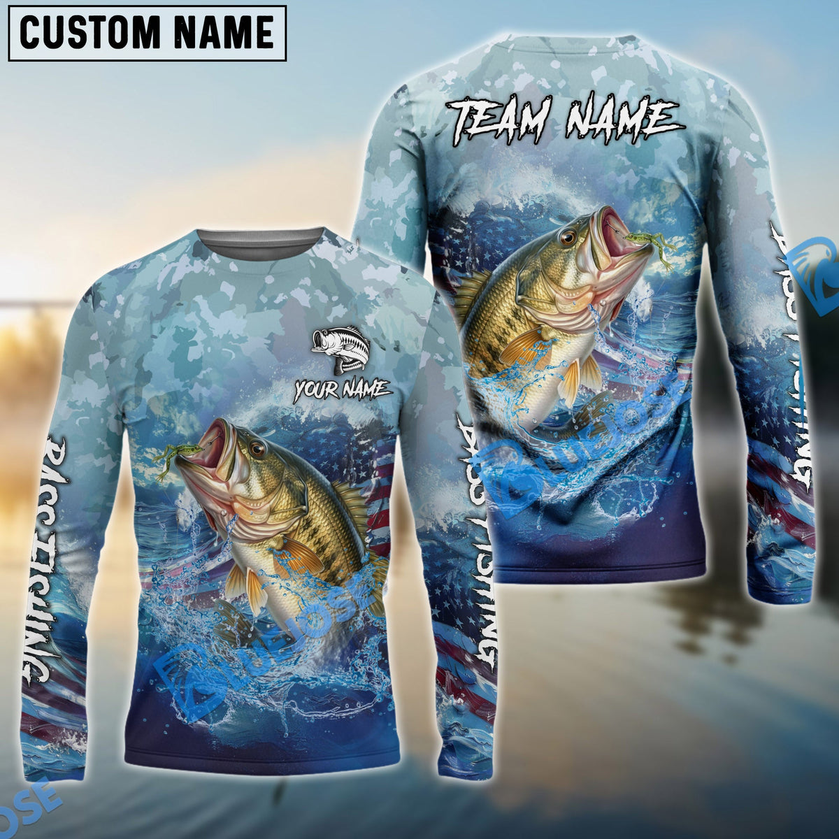 Bluejose Bass Fishing American Flag Seawave Custom Name &amp; Team Name 3D Shirts