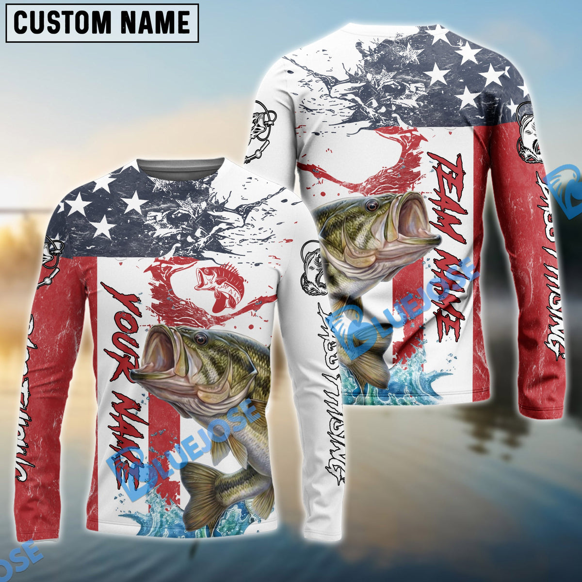Bluejose Bass Fishing American Flag Red Blue Seawave Custom Name &amp; Team Name 3D Shirts