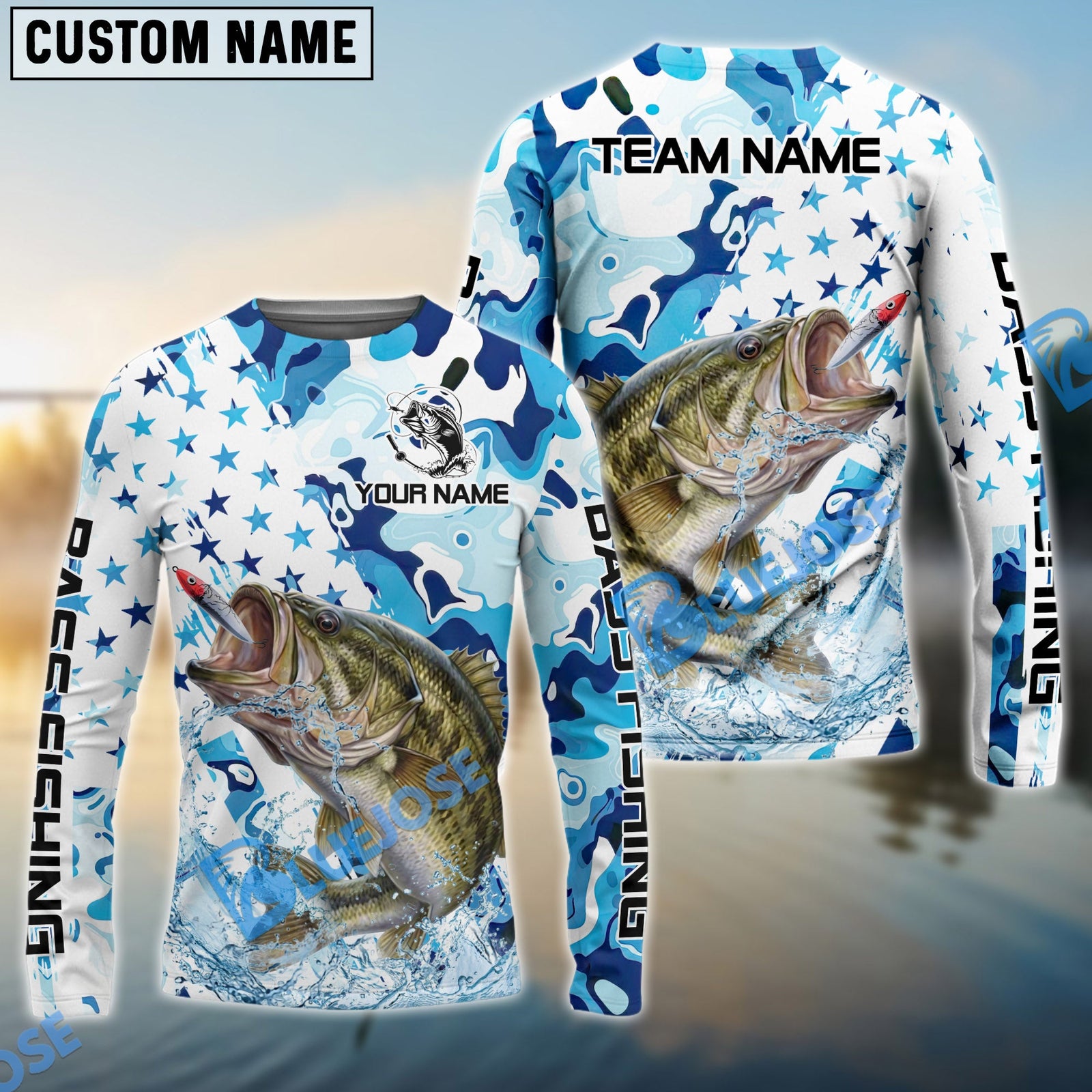 Bluejose Bass Fishing Blue White American Flag Custom Name & Team Name 3D Shirts