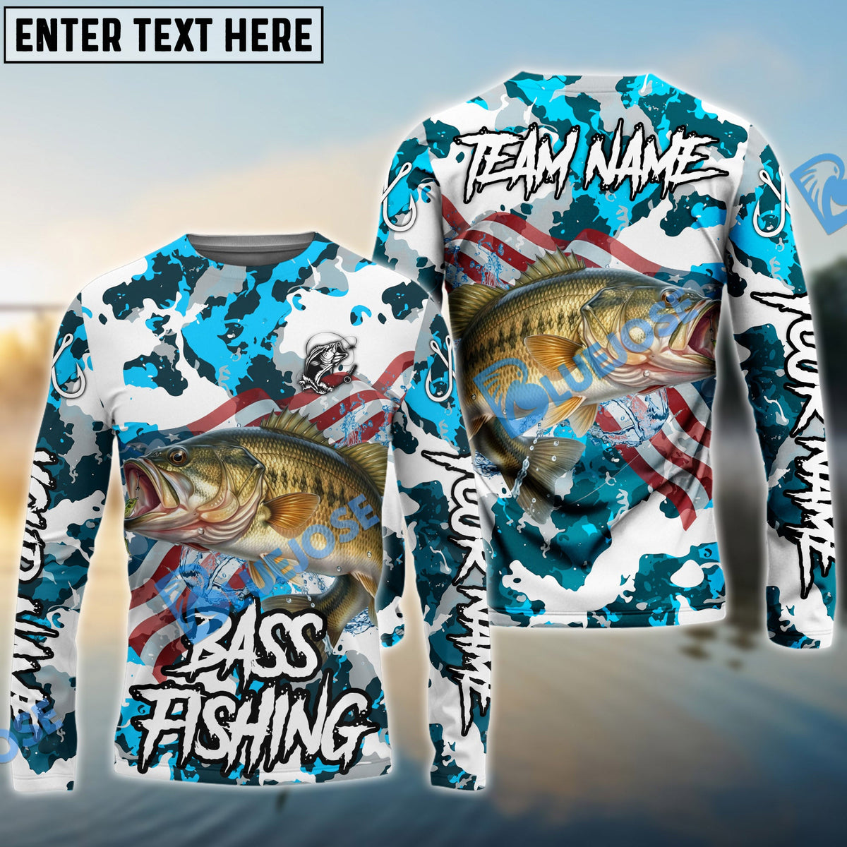 Bluejose Bass Fishing American Flag Light Blue Camo Custom Name &amp; Team Name 3D Shirts