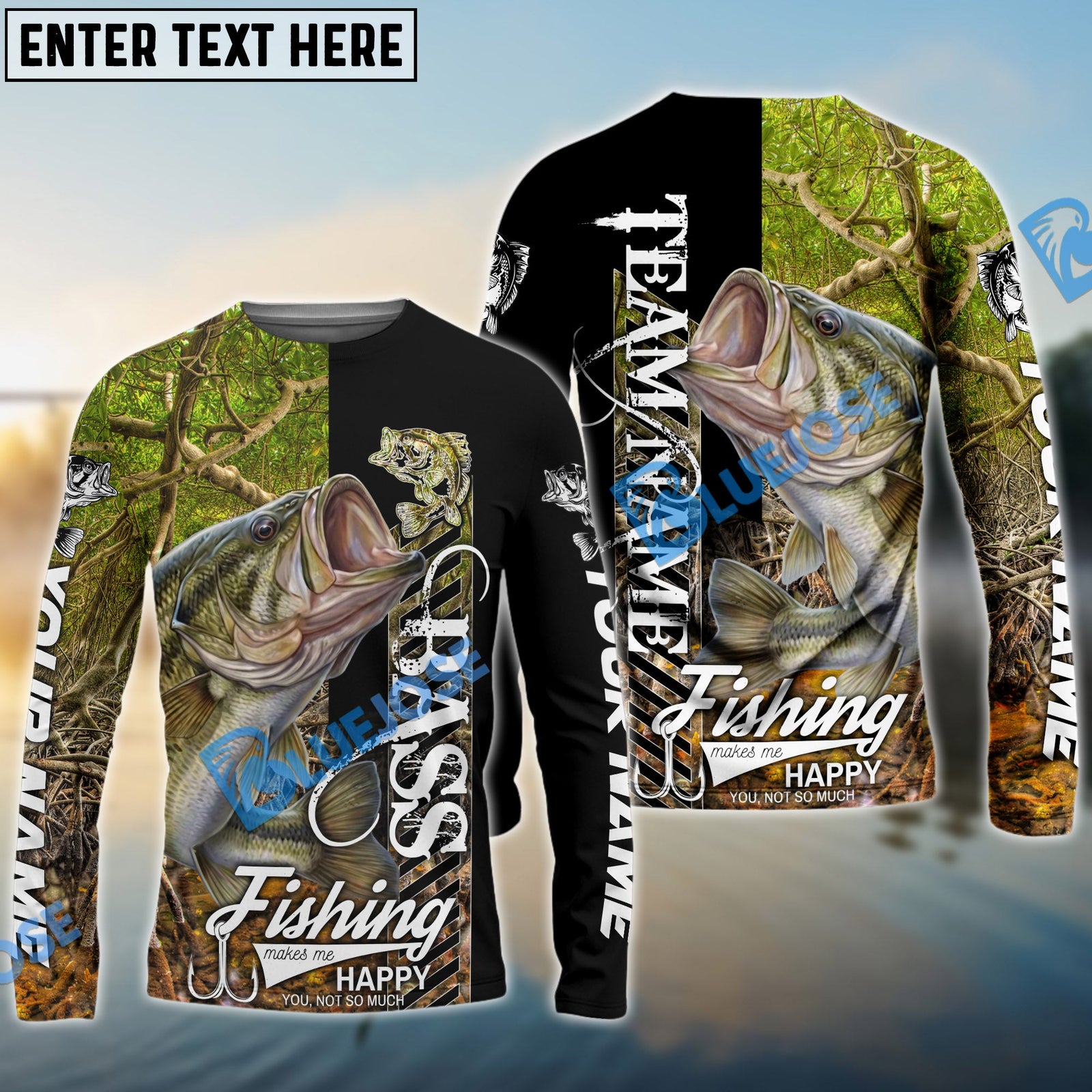 Bluejose Bass Fishing Jungle Camo Custom Name & Team Name 3D Shirts