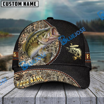 BlueJose Personalized Bass Black Leather Camo Pattern Fishing Classic Cap
