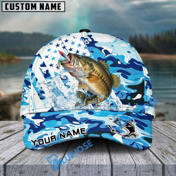 Bluejose Bass Fishing Blue White American Flag Personalized Cap