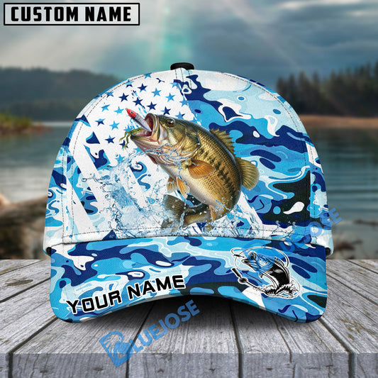 Bluejose Bass Fishing Blue White American Flag Personalized Cap