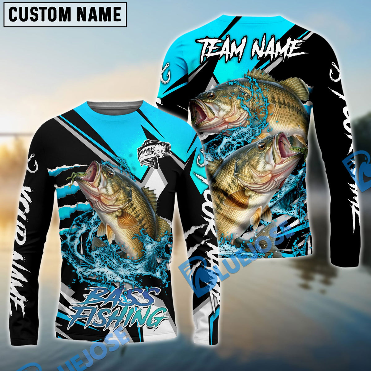 Bluejose Bass Fishing Black Blue Scratch Sport Custom Name &amp; Team Name 3D Shirts
