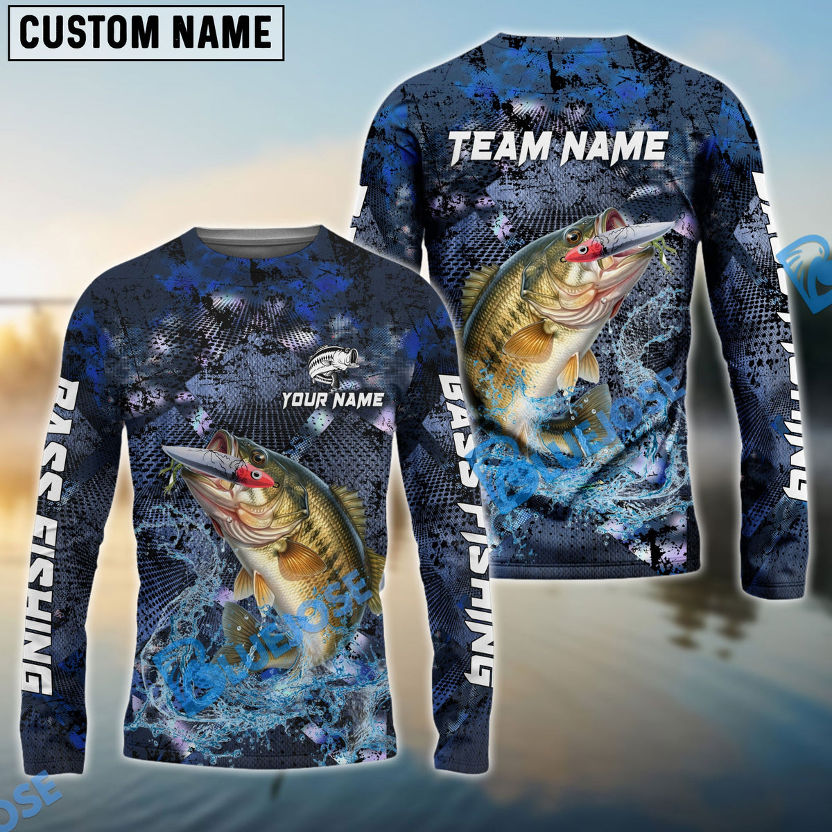 Bluejose Bass Fishing Dark Blue Camouflage Custom Name &amp; Team Name 3D Shirts
