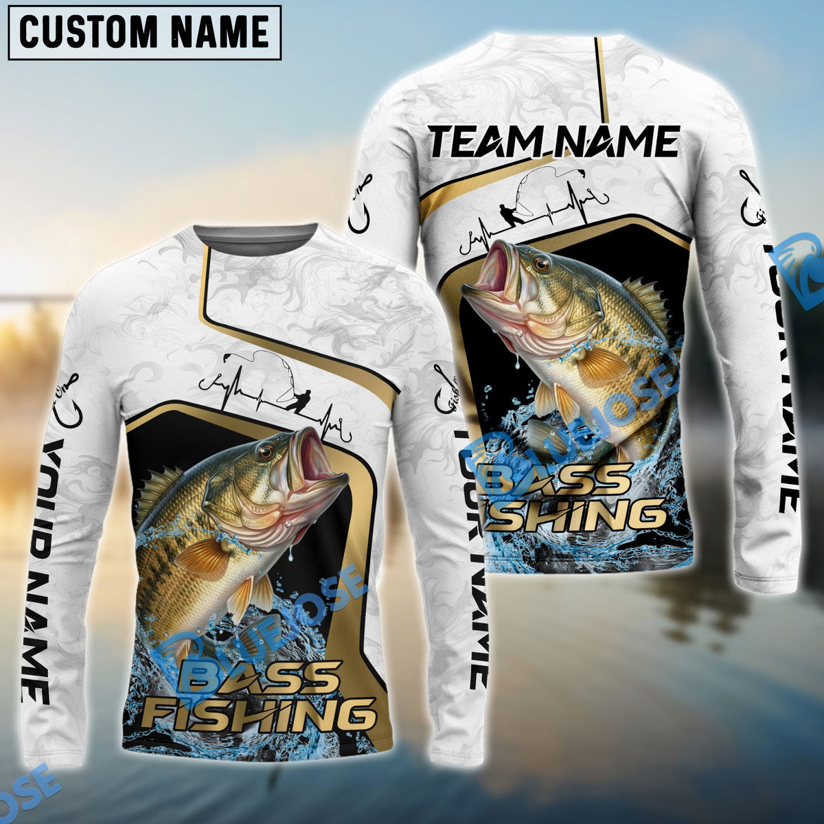 Bluejose Bass Fishing White Marble &amp; Gold Trim Splash Heartbeat Line Custom Name &amp; Team Name 3D Shirts