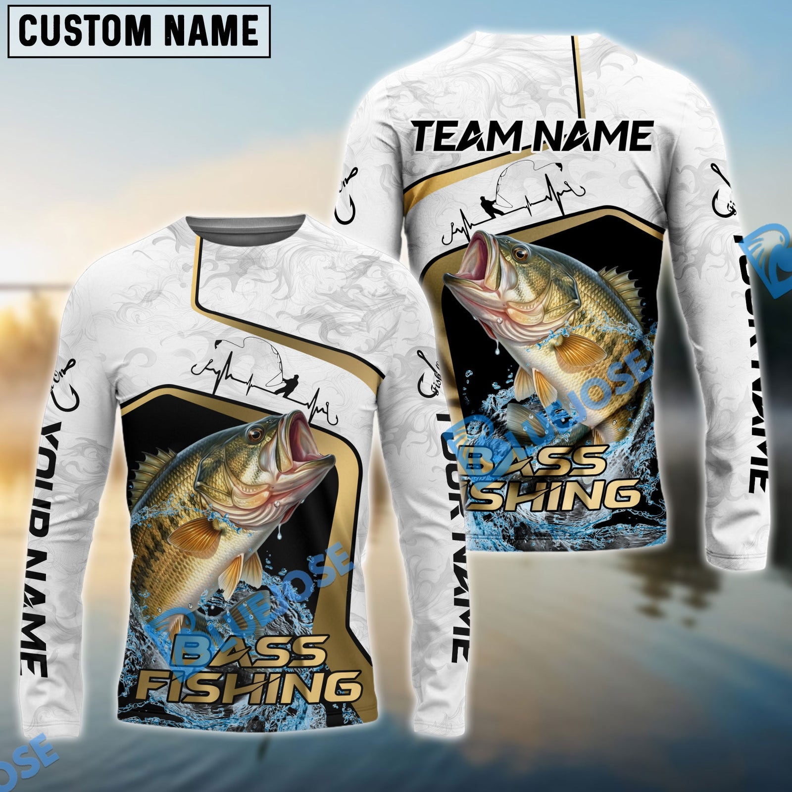 Bluejose Bass Fishing White Marble & Gold Trim Splash Heartbeat Line Custom Name & Team Name 3D Shirts