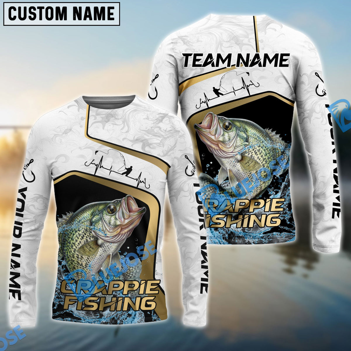 Bluejose Crappie Fishing White Marble &amp; Gold Trim Splash Heartbeat Line Custom Name &amp; Team Name 3D Shirts