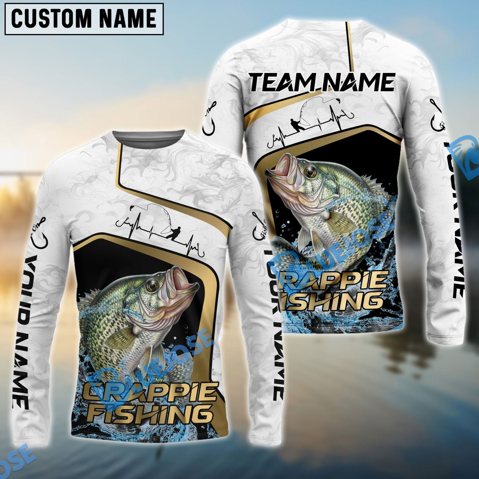 Bluejose Crappie Fishing White Marble & Gold Trim Splash Heartbeat Line Custom Name & Team Name 3D Shirts