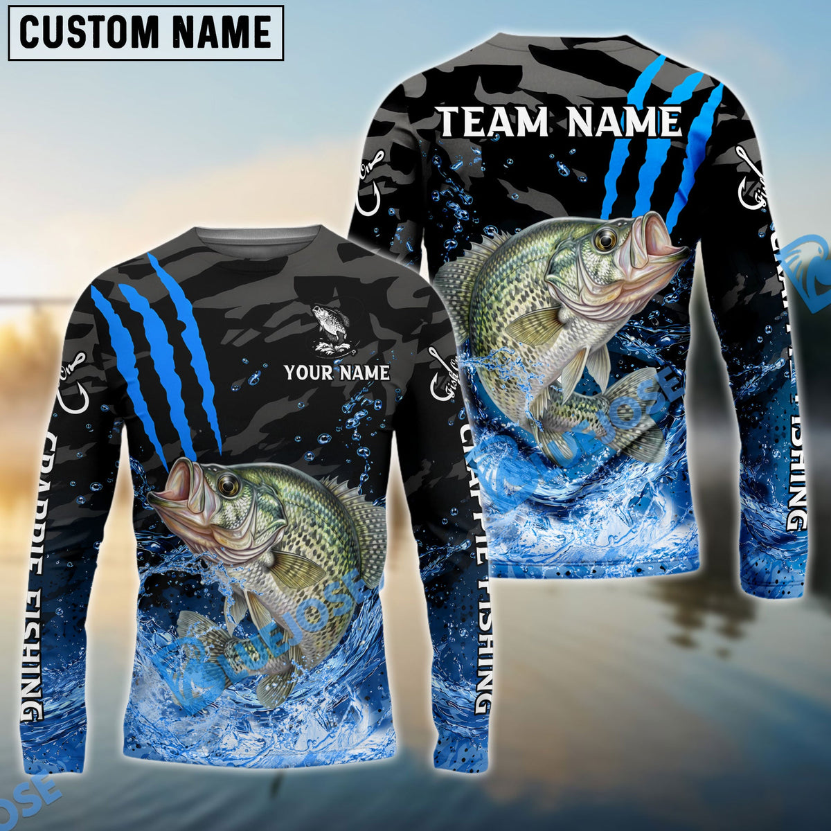 Bluejose Crappie Fishing Blue Scratch Camo Water Splash Custom Name &amp; Team Name 3D Shirts