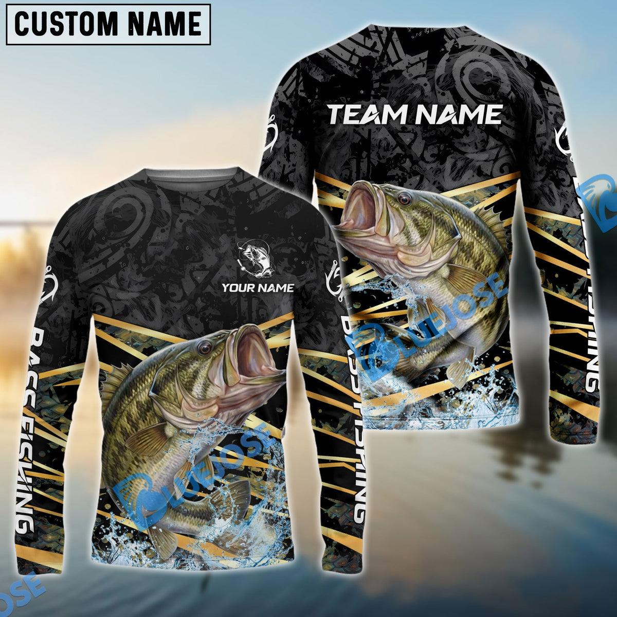 Bluejose Bass Fishing Black Gold Splash Dynamic Pattern Custom Name &amp; Team Name 3D Shirts