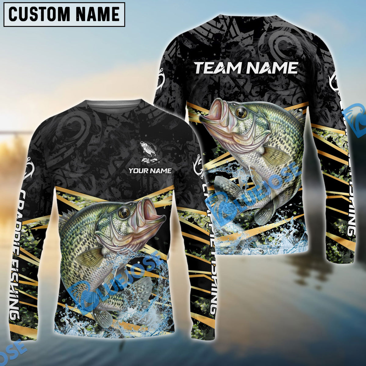 Bluejose Crappie Fishing Black Gold Splash Dynamic Pattern Custom Name &amp; Team Name 3D Shirts