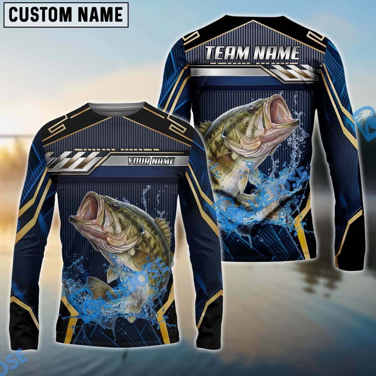 Bluejose Bass Fishing Black Gold Geometric Custom Name &amp; Team Name 3D Shirts