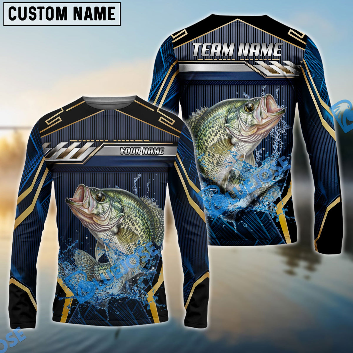 Bluejose Crappie Fishing Black Gold Geometric Custom Name &amp; Team Name 3D Shirts