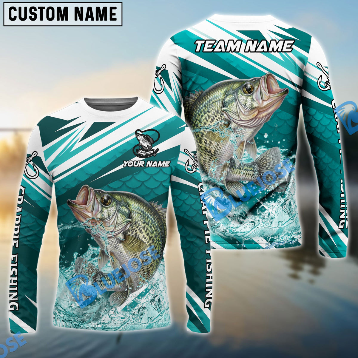 Bluejose Crappie Fishing Cyan Scale Pattern Splash Water Custom Name &amp; Team Name 3D Shirts