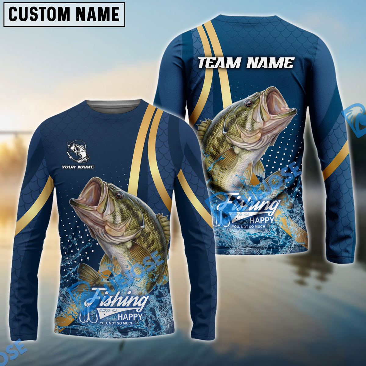 Bluejose Bass Fishing Navy Gold Sport Stripe Scale Pattern Custom Name &amp; Team Name 3D Shirts