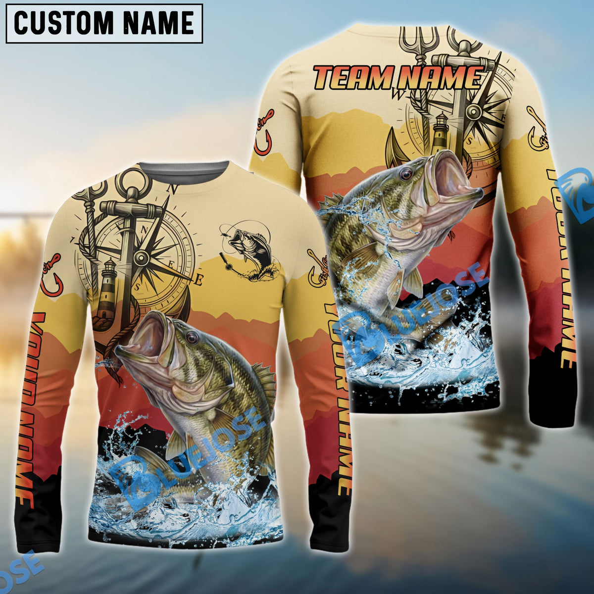Bluejose Bass Fishing Sunset Compass Custom Name &amp; Team Name 3D Shirts