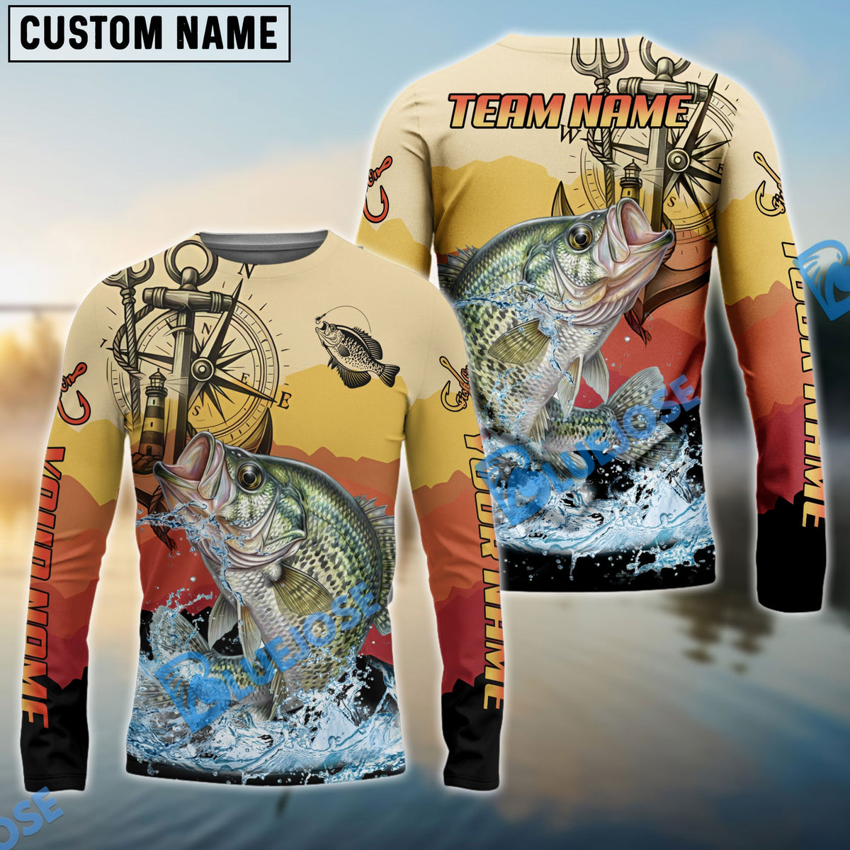 Bluejose Crappie Fishing Sunset Compass Custom Name &amp; Team Name 3D Shirts