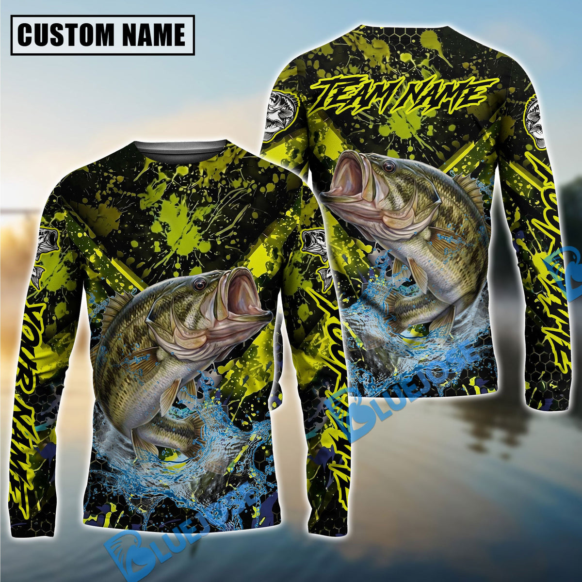 Bluejose Bass Fishing Neon Splash Custom Name &amp; Team Name 3D Shirts