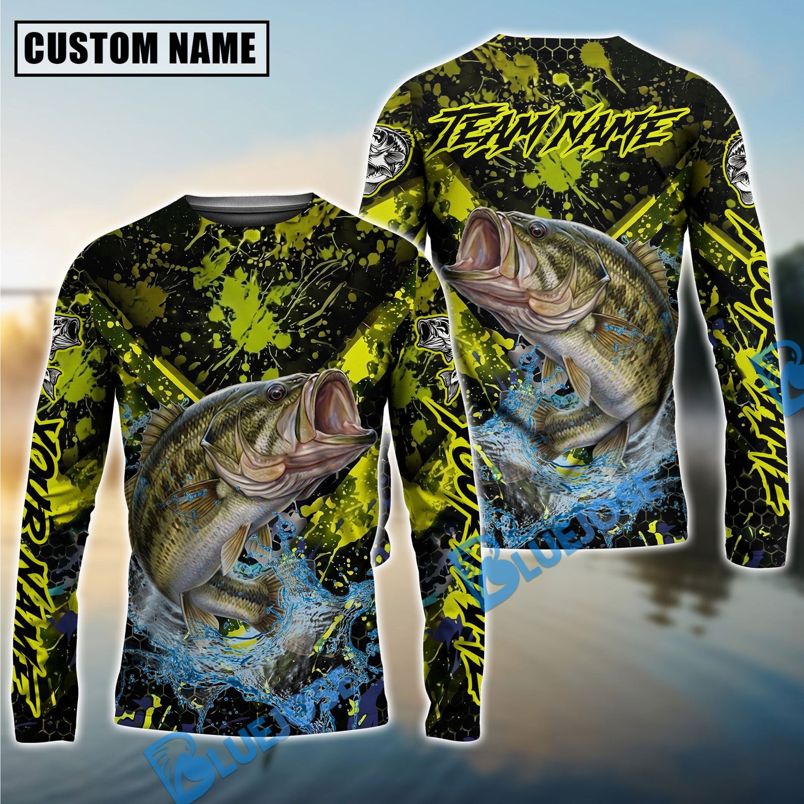 Bluejose Bass Fishing Neon Splash Custom Name & Team Name 3D Shirts