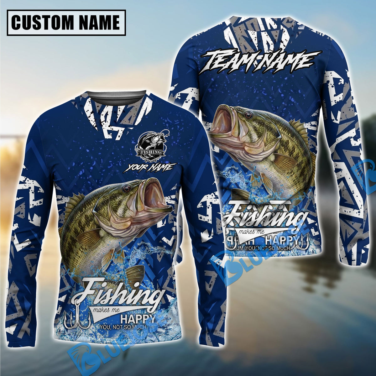 Bluejose Bass Fishing Tribal Blue Custom Name &amp; Team Name 3D Shirts
