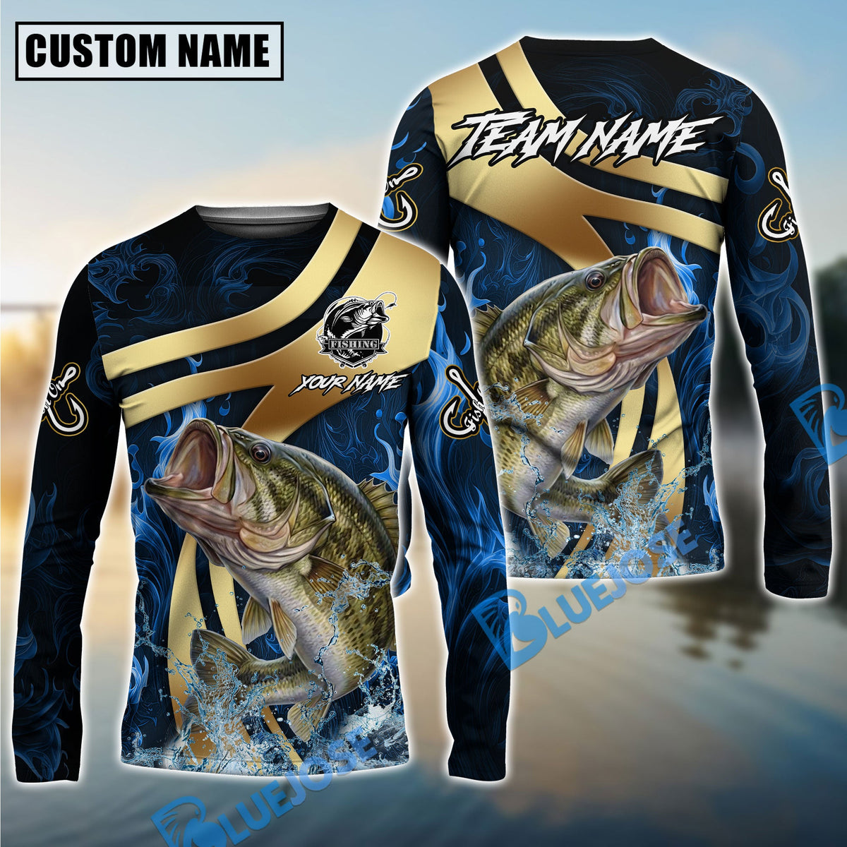 Bluejose Bass Fishing Luxury Gold Wave Water Splash Design Custom Name &amp; Team Name 3D Shirts