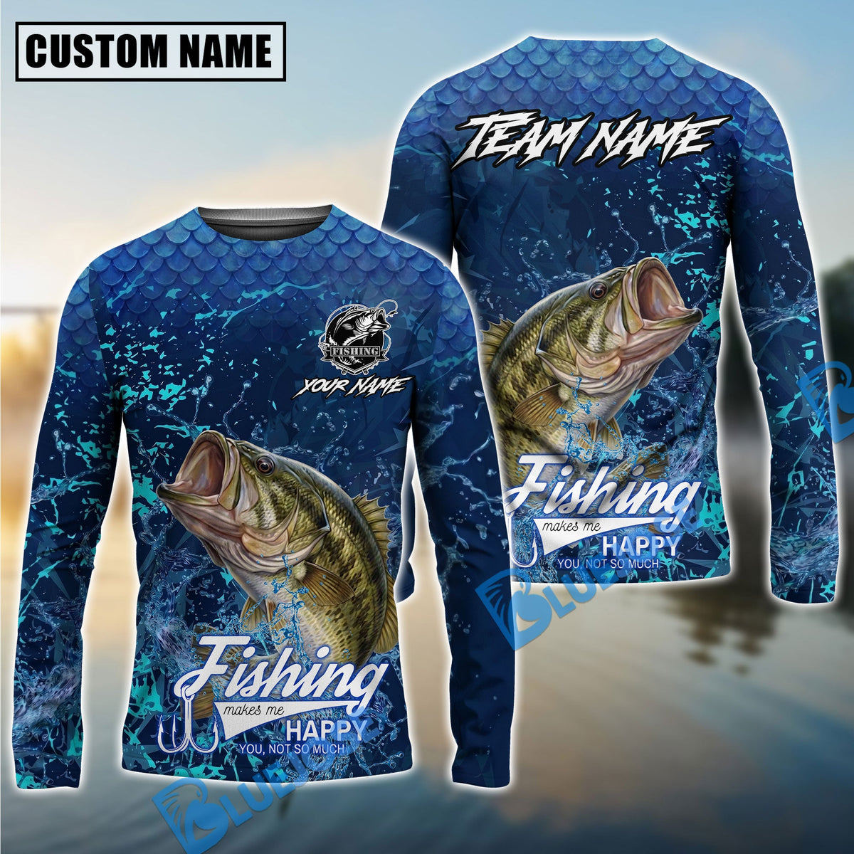 Bluejose Bass Fishing Dark Water Splash Texture Design Custom Name &amp; Team Name 3D Shirts