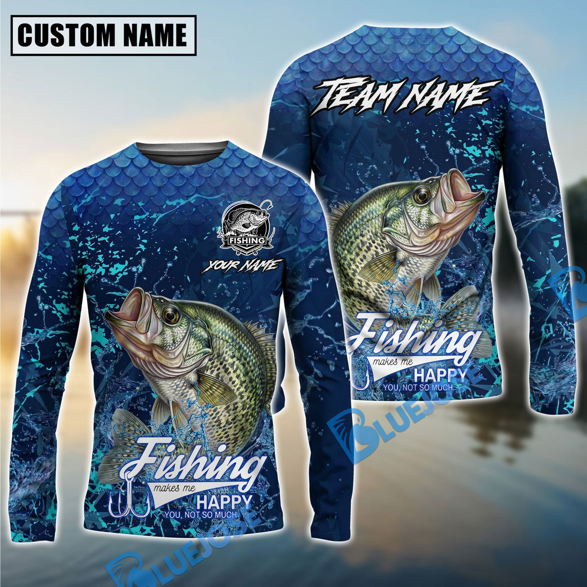 Bluejose Crappie Fishing Dark Water Splash Texture Design Custom Name &amp; Team Name 3D Shirts