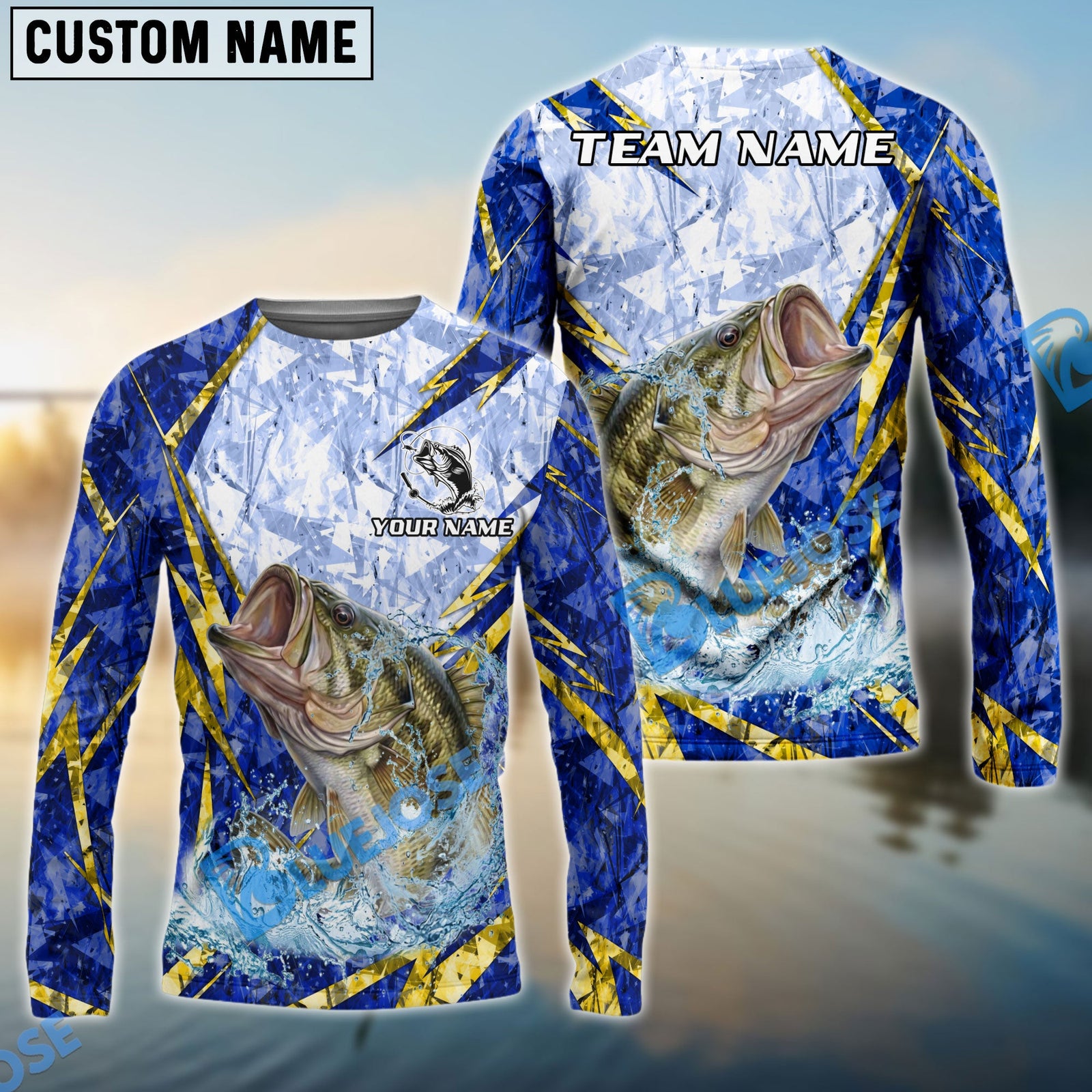 Bluejose Bass Fishing Lightning Splash Blue Pattern Custom Name & Team Name 3D Shirts