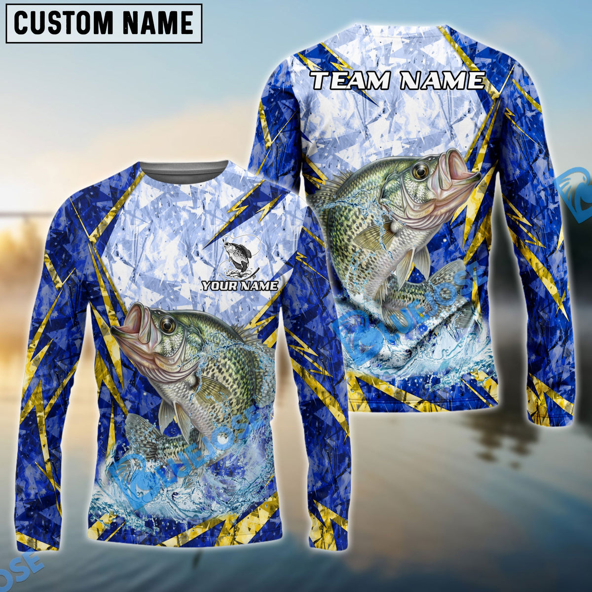 Bluejose Crappie Fishing Lightning Splash Blue Pattern Custom Name &amp; Team Name 3D Shirts