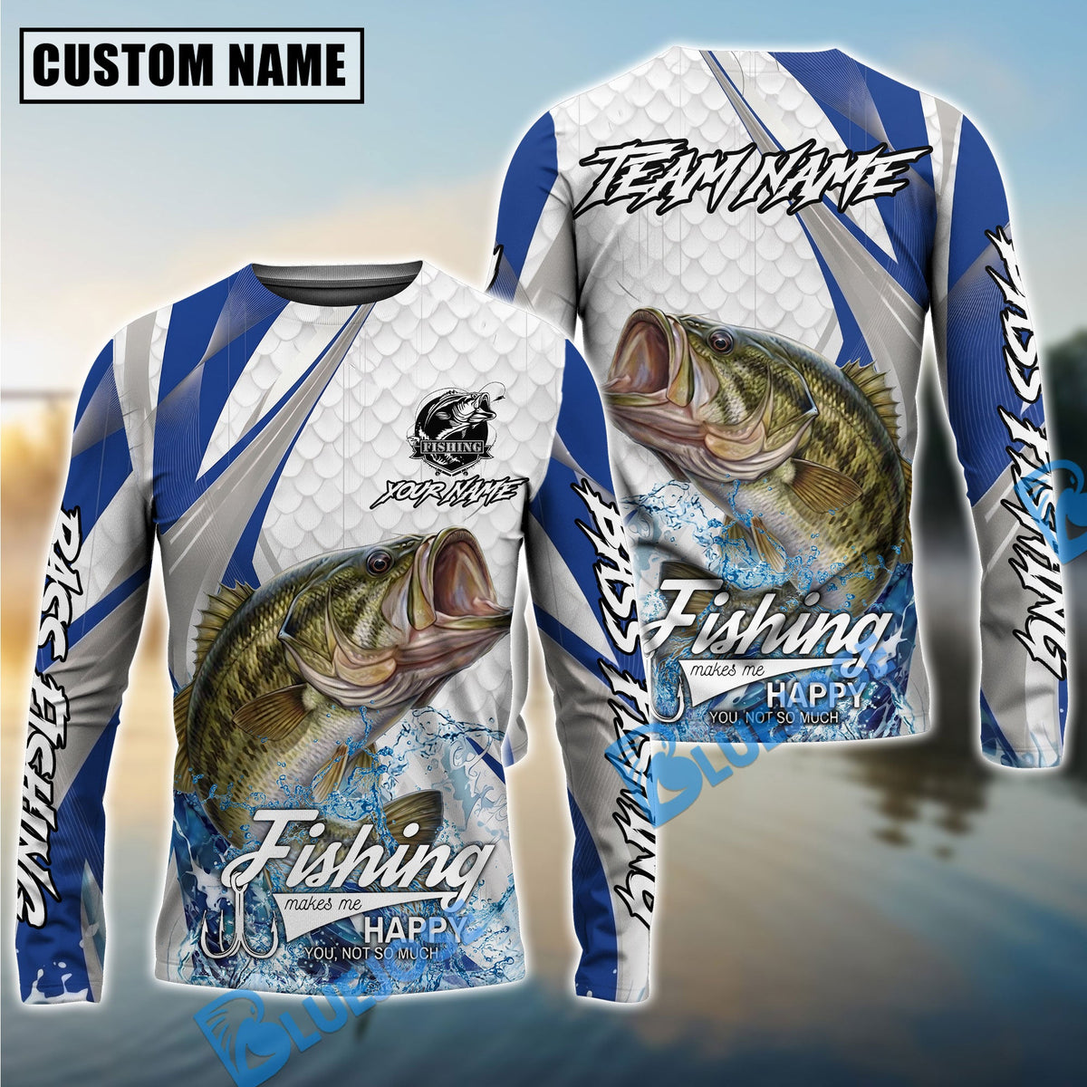 Bluejose Bass Fishing White Scale Pattern Custom Name &amp; Team Name 3D Shirts