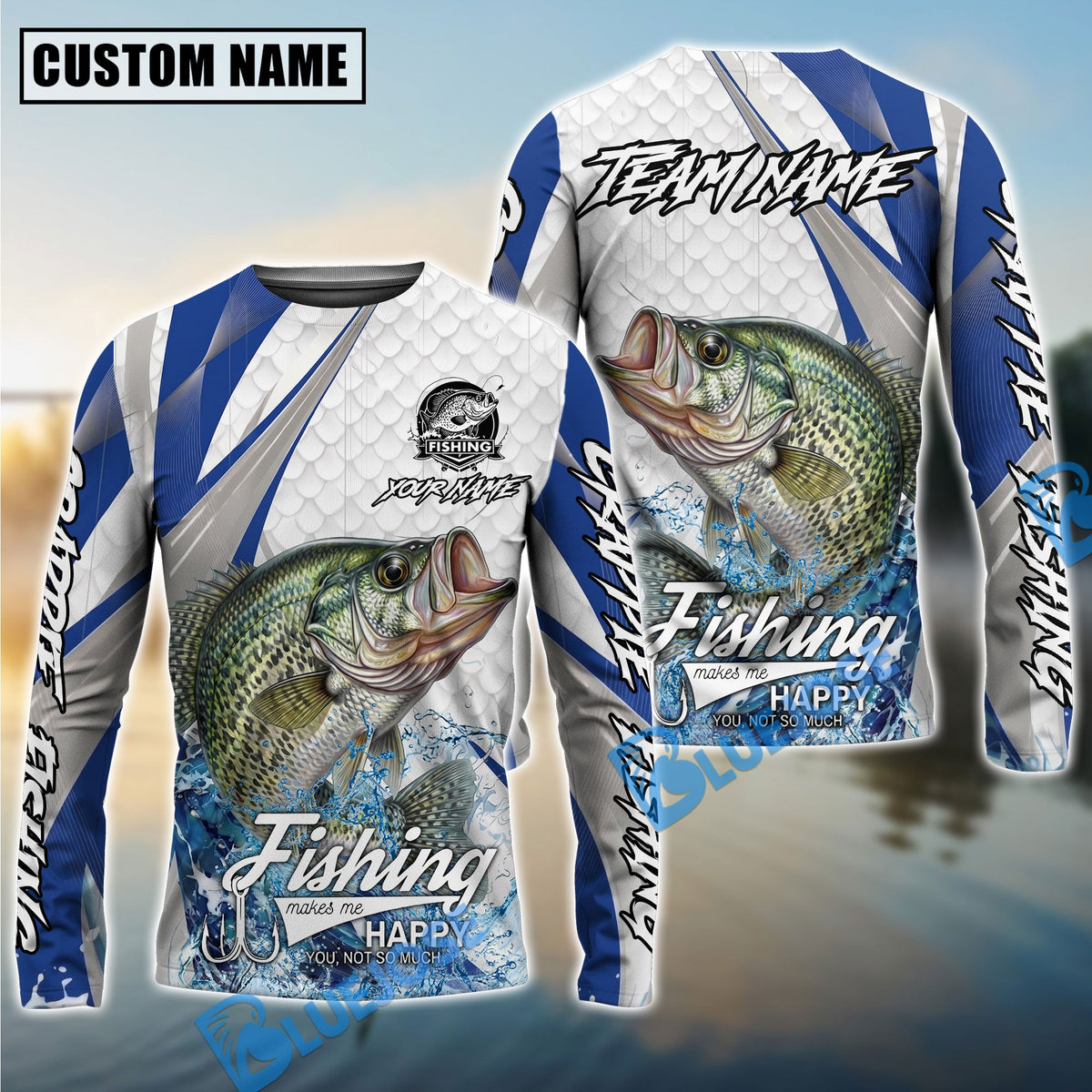Bluejose Crappie Fishing White Scale Pattern Custom Name &amp; Team Name 3D Shirts