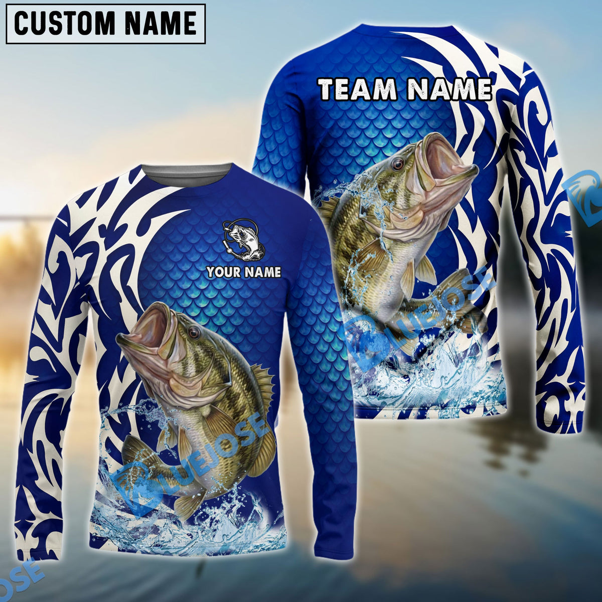 Bluejose Bass Fishing Scale Pattern Tribal Style Custom Name &amp; Team Name 3D Shirts