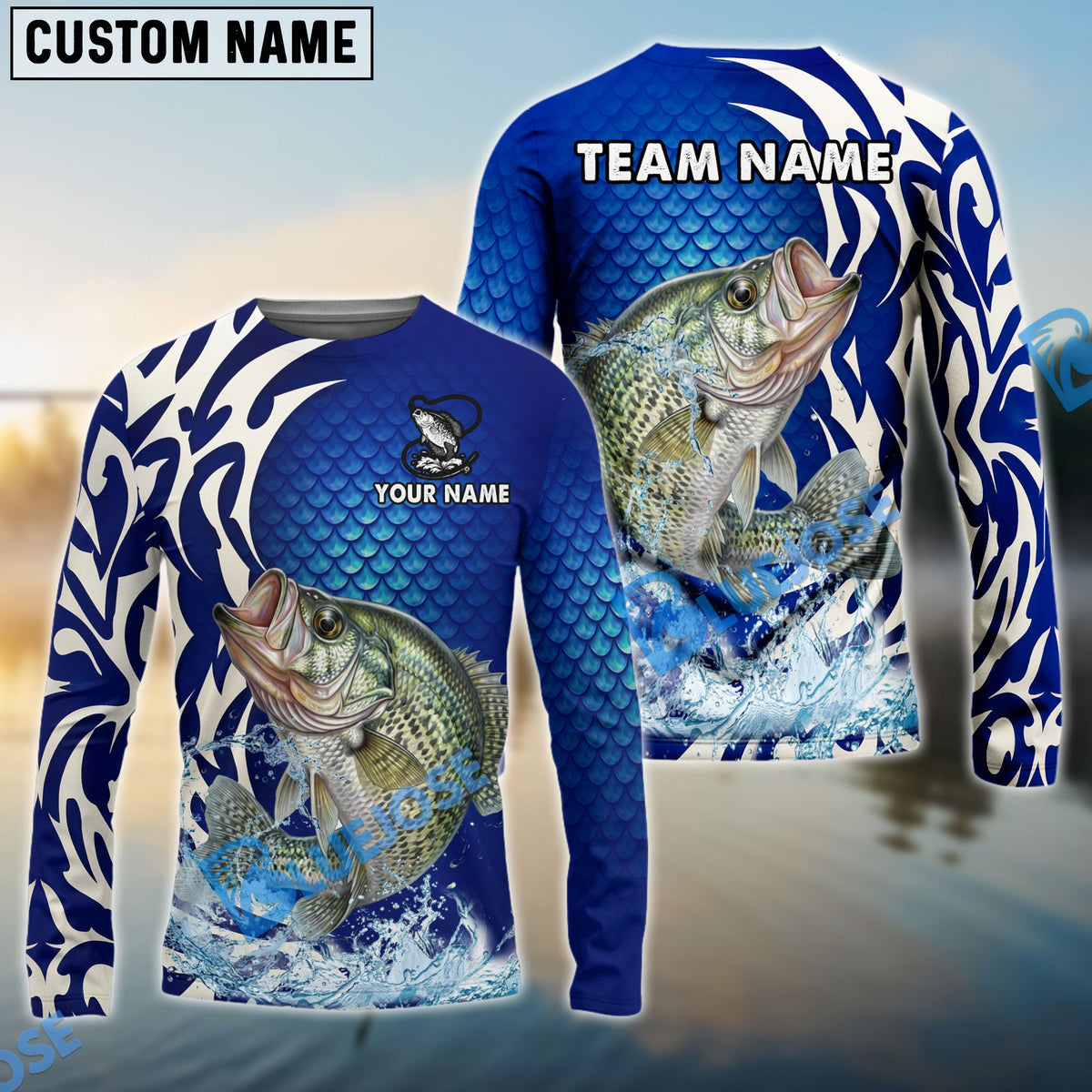 Bluejose Crappie Fishing Scale Pattern Tribal Style Custom Name &amp; Team Name 3D Shirts