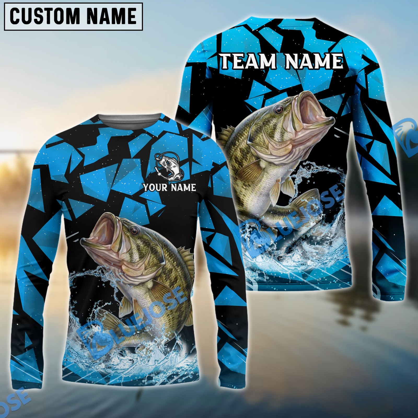 Bluejose Bass Fishing Geometric Camouflage Splash Art Custom Name & Team Name 3D Shirts