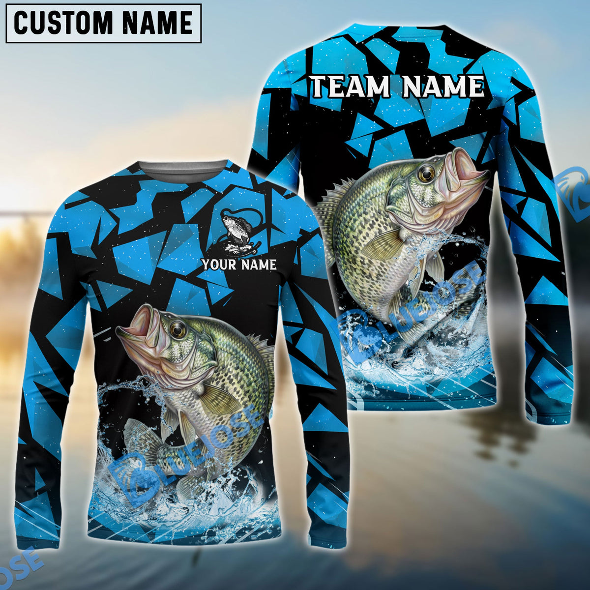 Bluejose Crappie Fishing Geometric Camouflage Splash Art Custom Name &amp; Team Name 3D Shirts